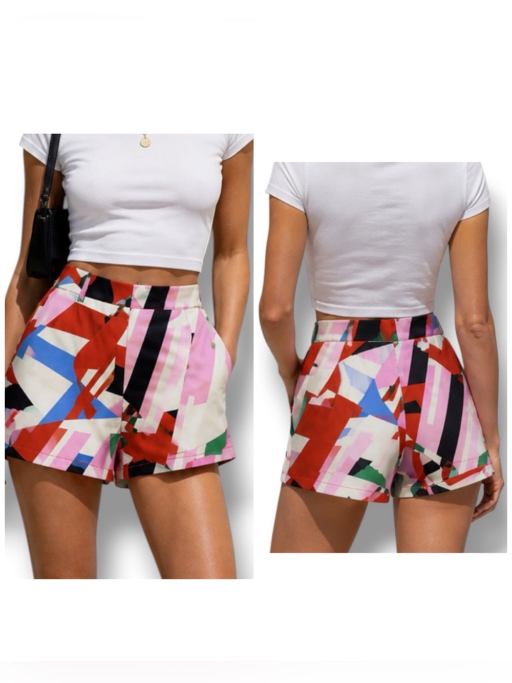 Lili Sidonio Geometric Print High Waist Shorts  Pink Red Cream Blue XS 26” waist